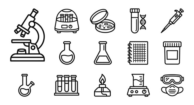 Science Lab Equipment Icons: Microscope, Beaker, Test Tubes, DNA, Pipette