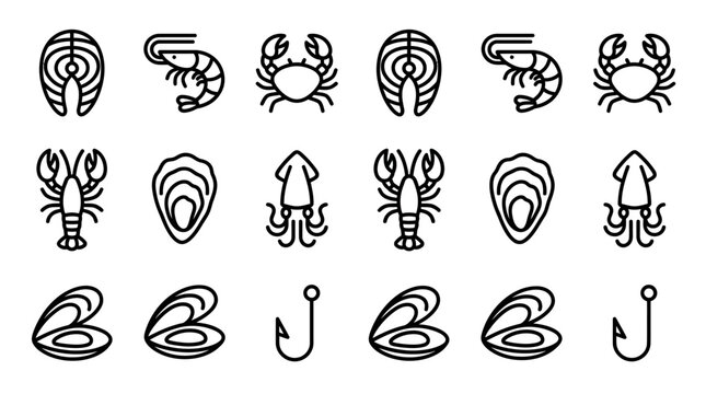 Seafood Icons: Fish, Shrimp, Crab, Lobster, Oyster, Squid, Mussels, Fishing Hook