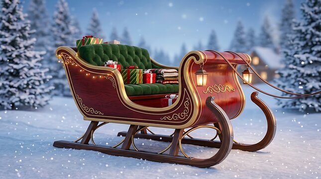 Antique wooden santa sleigh filled with wrapped christmas presents standing in snowy winter wonderland forest.