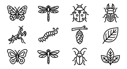 Set of Insect Icons: Butterflies, Dragonflies, Ladybugs, Beetles, Mantis, Caterpillar, Cocoon, Leaves © kacuk
