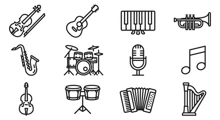 Set of Musical Instruments Icons: Violin, Guitar, Piano, Trumpet, Saxophone, Drums, Microphone, Notes © Boycilik