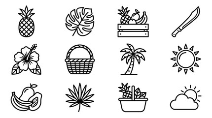 Tropical Fruit Icons: Pineapple, Hibiscus, Palm Tree, Sun, Banana, Mango & Leaves © Hanzcoli