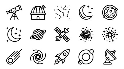 Space Icons Set: Telescope, Observatory, Stars, Moon, Planets, Rocket, Galaxy, Comet © Domboancok