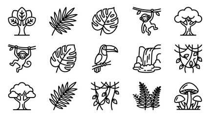 Jungle Icons: Monkey, Toucan, Waterfall, Tropical Leaves, Trees, Mushroom, Ferns © Hanzcoli