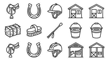 Equestrian Equipment Set: Saddle, Horseshoe, Helmet, Stable, Hay, Brush, Whip, Bucket Icons © Jayagem