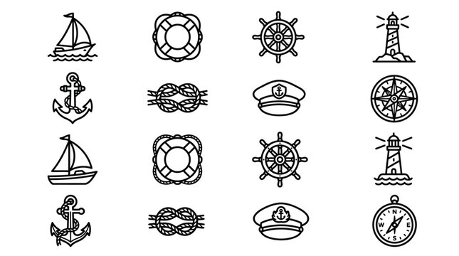 Nautical Icons Set: Sailboat, Anchor, Lifebuoy, Ship Wheel, Lighthouse, Compass, Captain Hat
