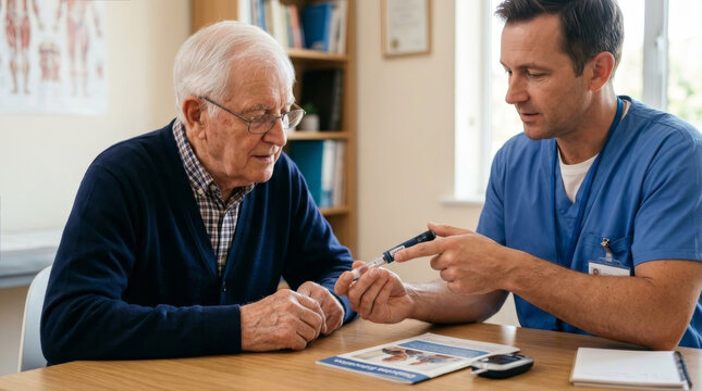 Doctor shows elderly patient how to use insulin pen for diabetes management