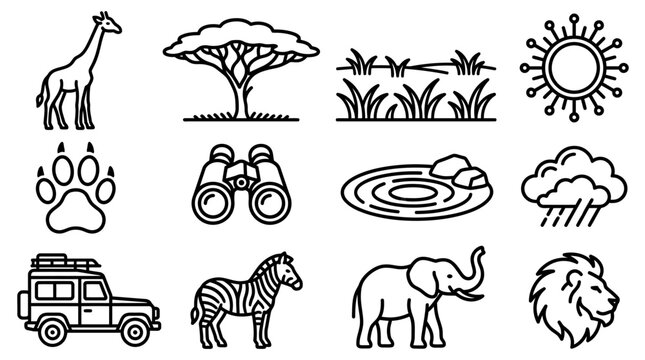 African Safari Icons Set: Giraffe, Zebra, Elephant, Lion, SUV, Binoculars, Nature Elements