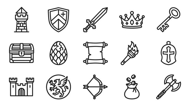 Fantasy Game Icons: Castle, Sword, Shield, Crown, Key, Dragon Egg, Treasure