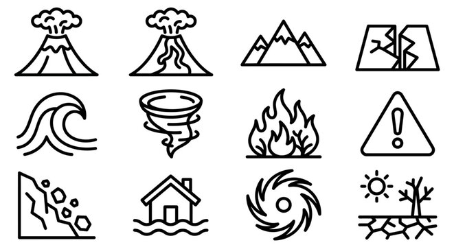 Natural Disaster Icons: Volcano, Earthquake, Flood, Fire, Storm, Landslide, Drought