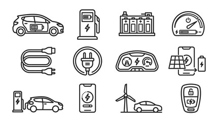 Electric Car Icons: Charging, Battery, Dashboard, Solar Power, Wind Turbine, Key © kacuk