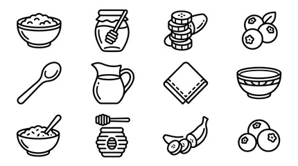 Healthy Breakfast Icons: Oatmeal, Honey, Banana, Blueberries, Spoon, Pitcher, Napkin © Jayagem