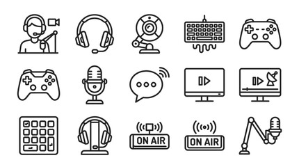 Podcast and Gaming Icons: Microphone, Webcam, Controller, Headphones, Keyboard, Computer © Hanzcoli