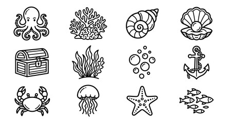 Nautical Icons Set: Octopus, Starfish, Anchor, Shell, Treasure Chest, Crab, Jellyfish © Jayagem