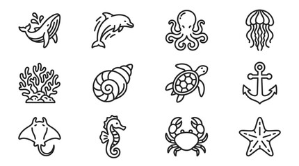 Ocean Life Icons: Whale, Dolphin, Octopus, Jellyfish, Turtle, Crab, Starfish, Seahorse © Domboancok