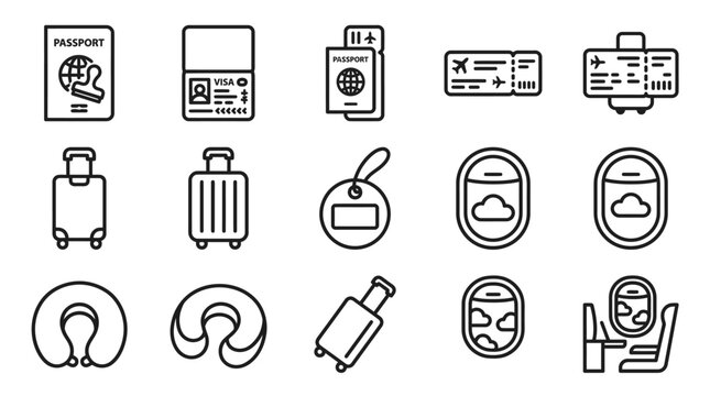 Travel Icons: Passport, Suitcase, Airplane Window, Boarding Pass, Neck Pillow