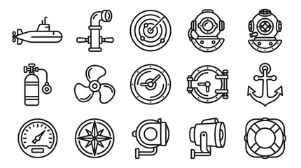 Nautical Icons Set: Submarine, Dive Helmet, Anchor, Compass, Radar, Ship Parts © Jayagem