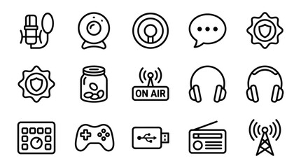 Podcast and Broadcasting Icons: Microphone, Webcam, Headphones, Radio, USB, Joystick, On Air © Jayagem