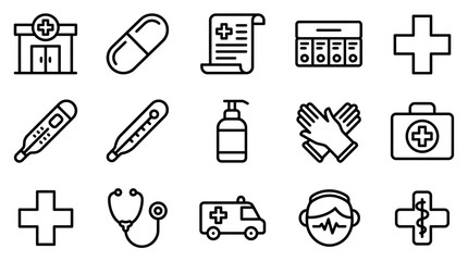 Medical Icons Set: Healthcare symbols for clinic, pharmacy, doctor, ambulance, and diagnostics © kacuk
