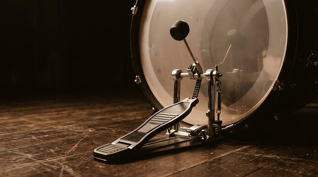 Professional bass drum pedal and percussion kit on dark wooden floor in a music studio