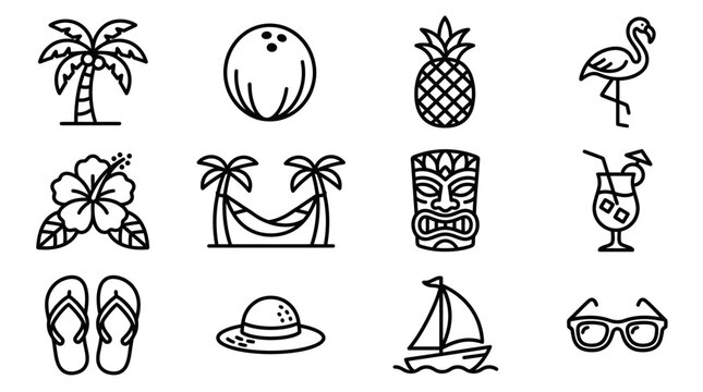 Tropical Summer Icons Set: Palm Tree, Flamingo, Coconut, Pineapple, Tiki, Cocktail, Beach