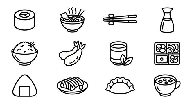 Japanese Food Icons: Sushi, Ramen, Tempura, Rice, Soy Sauce, Dumplings, Tea