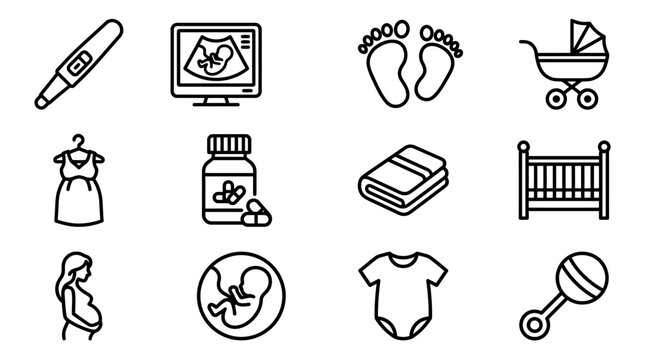 Pregnancy and Baby Icons Set: Ultrasound, Stroller, Cradle, Footprints, Dress, Pills, Rattle
