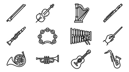 Orchestra Instruments Icon Set: Violin, Harp, Flute, Clarinet, Guitar, Saxophone, Trumpet © kacuk