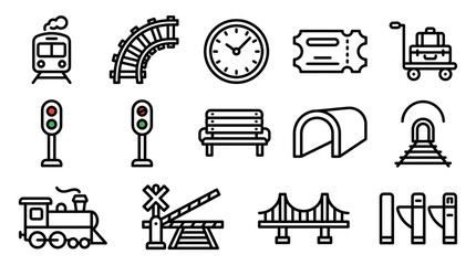 Set of Train and Railway Icons: Locomotive, Tracks, Station, Ticket, Clock, Signals © kacuk