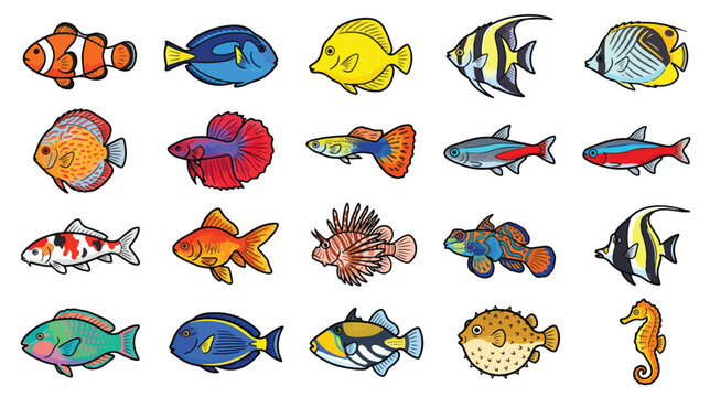 Crayon Style Tropical Fish Icon Set Illustration