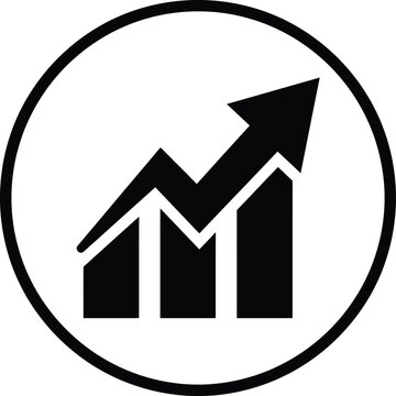 Circle icon showing bar chart with growth arrow indicating business success and development.