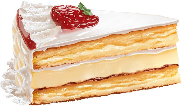 Vanilla Cream Layer Cake Slice with Strawberry Topping Illustration