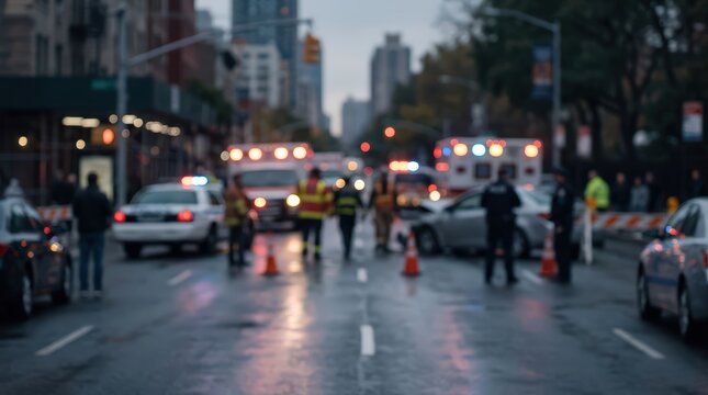 Emergency response accident scene city street ambulance police fire department first responders traffic safety rescue collision urban disaster
