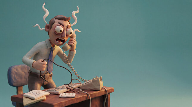 Angry office worker, claymation style, having a stressful phone conversation, steam coming from ears, 3D render