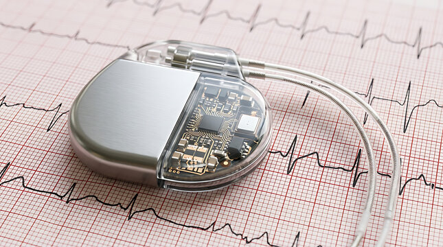 Modern implantable heart device on ECG, symbolizing vital health assessment and advanced medical treatment technology