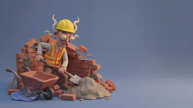 Stressed construction worker, claymation style, amidst structural failure, digging cement, shock and fatigue concept, 3D render