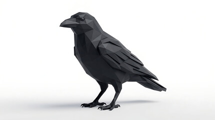 Low poly black raven bird 3d polygonal crow illustration isolated on white background