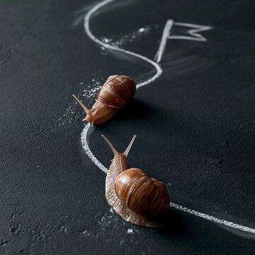 Two snails moving in opposite directions on a chalk path, one approaching the finish line while the other turns away, illustrating procrastination, self-sabotage, missed opportunities and different li