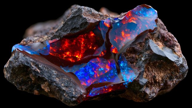 A raw unpolished boulder opal gemstone showcasing vivid internal flashes of fiery red and electric blue hues against a dark background