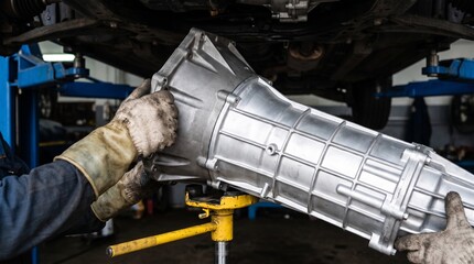 Naklejka premium A skilled mechanic in a professional auto repair shop installs a new transmission into a hoisted vehicle. Essential car maintenance and gearbox repair service.