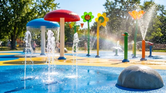 Bright sunny day at a splash pad water park with colorful flower and mushroom water features spraying water for children playing in summer fun.