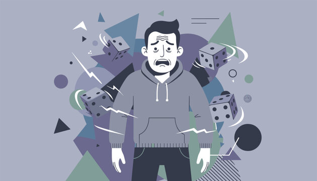 Anxious man surrounded by floating dice and chaotic geometric shapes representing stress, risk, and gambling addiction.