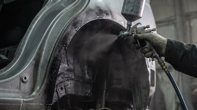Mechanic applies undercoating spray to a car's wheel arch for rust prevention and sound dampening. Automotive bodywork and protection process.