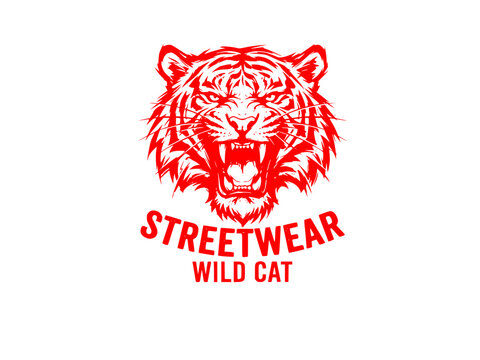 Roaring Tiger Head T-Shirt Design Silhouette. Aggressive Wild Cat Streetwear Apparel Vector Icon.