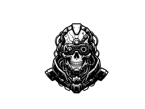 Cyberpunk Skull Techwear T-Shirt Design Silhouette. Futuristic Goggles Gaming Apparel Vector Icon.