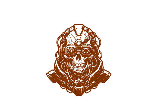 Cyberpunk Skull Techwear T-Shirt Design Silhouette. Futuristic Goggles Gaming Apparel Vector Icon.