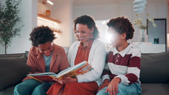 Mother, kids and reading book on sofa for learning, bonding and smile with flare at home. African family, children and storytelling with parent for education, cognitive development and happy brothers