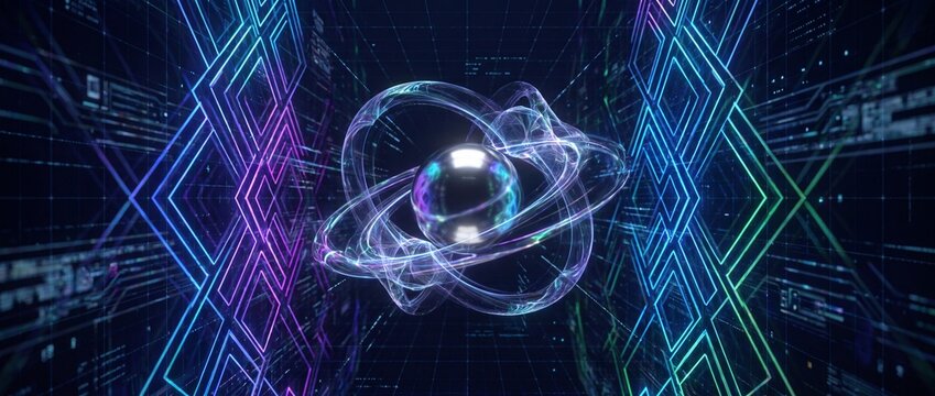 An abstract, glowing atom-like sphere surrounded by light trails and digital patterns representing quantum computing
