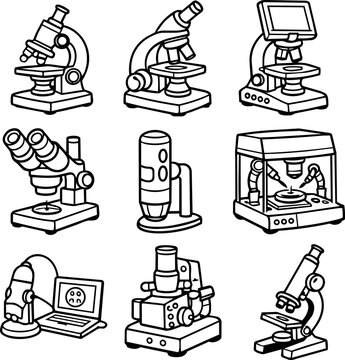 Black outline collection of optical, digital, binocular and electron microscopes for laboratory research