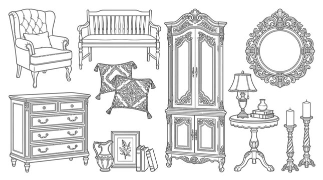 Vintage Furniture Collection Hand Drawn Sketch Set.
